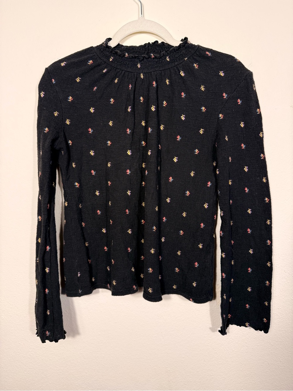 Madewell Black Mock-Neck Long-Sleeve Top with Pink and Yellow Floral Dots